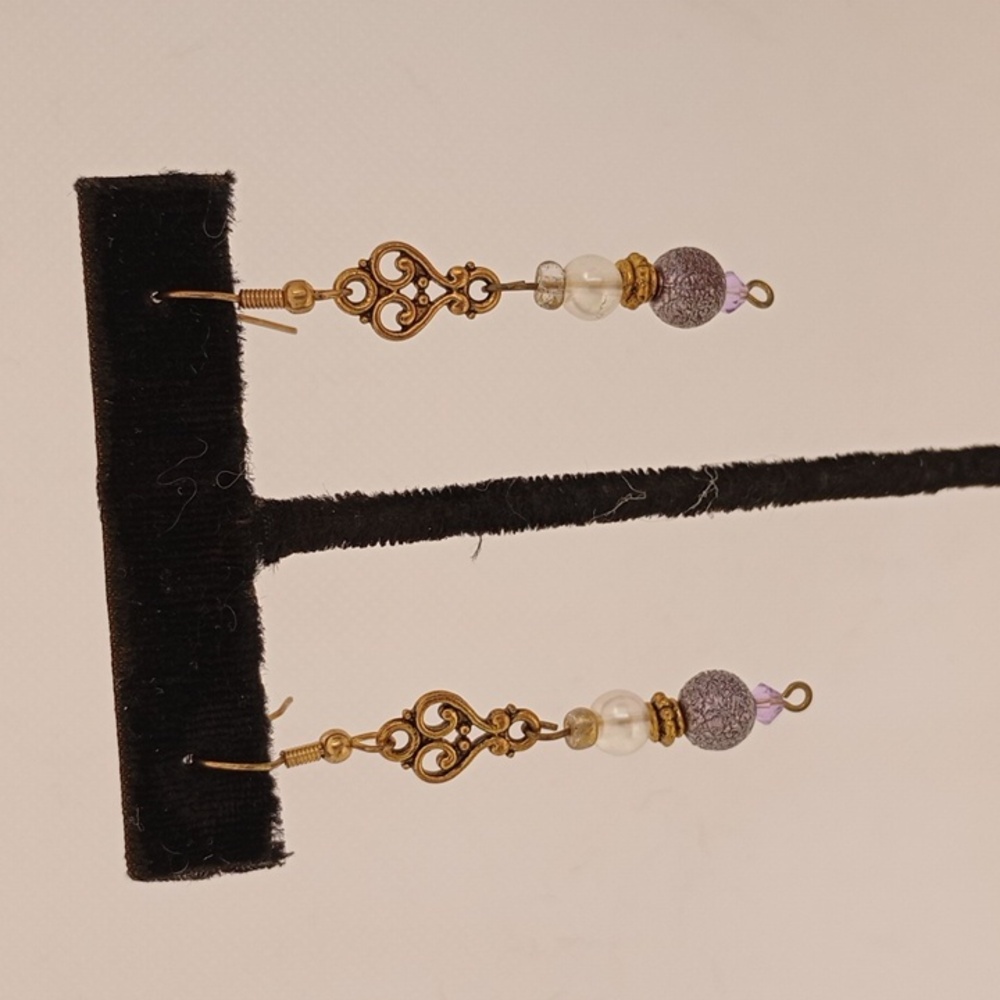 Handmade Gold and Purple Dangle Earrings Beaded Casual Everyday Bohemian Jewelry